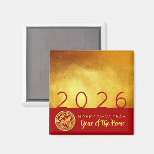 Kinesisk nyårshäst 2026 Red Guld SqM Magnet