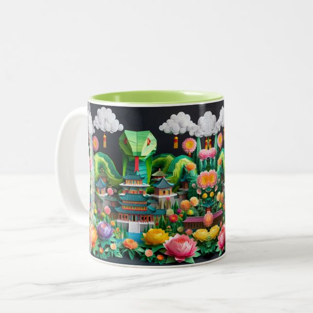 Kinesisk nyårsnake 2025 Origami 2TM8 Två-Tonad Mugg (Framsida vänster)