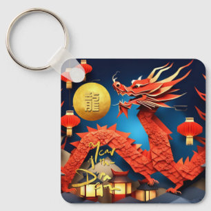 Kinesisk Origami Red Dragon Year Monogram SqK Nyckelring