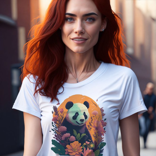 Kinesisk panda vid Sunset med Flowers Cute Animal T Shirt (Panda print on t-shirt)