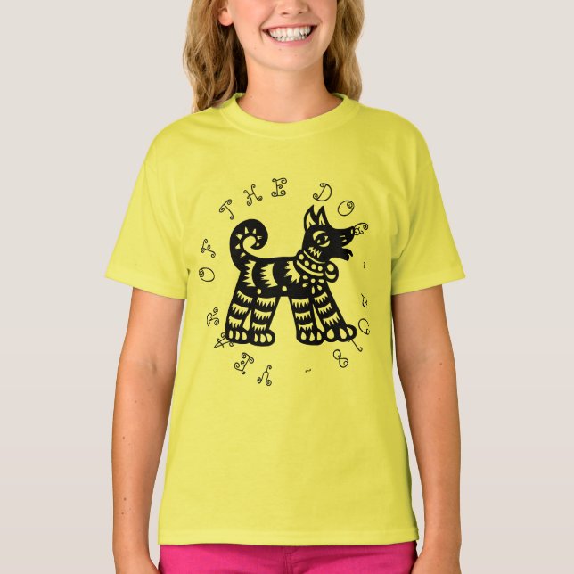 Kinesisk papercut Hund År 2018 Gult Girl Tee (Framsida)
