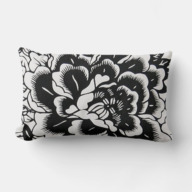 Kinesisk Papper-klippt peony i Black - Pillow Lumbarkudde (Framsida)