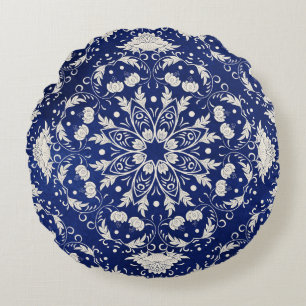 Kinesisk porslin: Blommigt med blå vattenfärg Rund Kudde