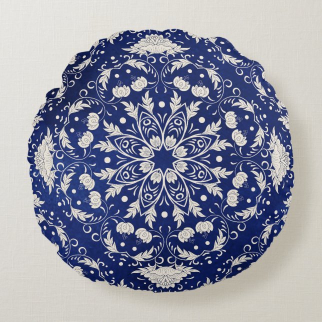 Kinesisk porslin: Blommigt med blå vattenfärg Rund Kudde (Framsidan)