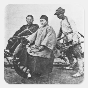 Kinesisk rickshaw, c.1870 (b/w bild) fyrkantigt klistermärke