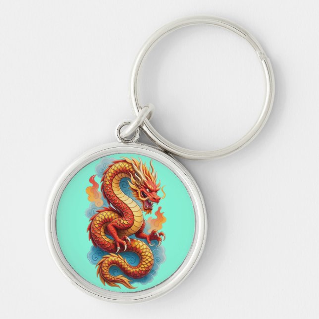 Kinesisk röd drak eldig illustration-67561 rund silverfärgad nyckelring (Framsidan)