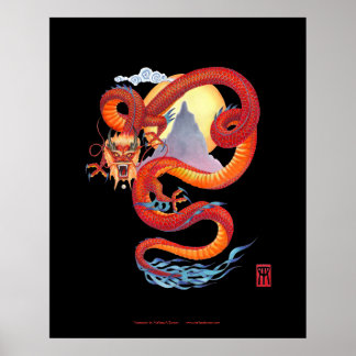 Kinesisk röd draken skriver ut på svart poster