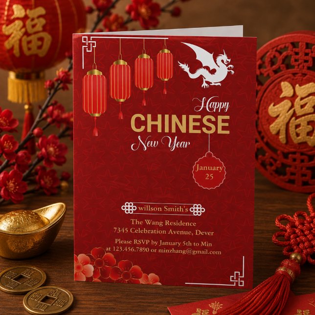 Kinesisk röd Guld Glad Lunar Nyår År för Ormen Julkort (Chinese red Gold Happy Lunar New Year Of The Snake Holiday Card)
