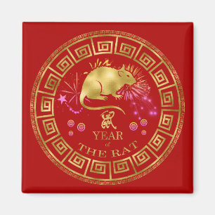 Kinesisk röd/guld Zodiacråtta ID542 Magnet
