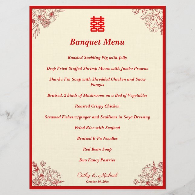 Kinesisk rödbeige blommigt ram meny (Framsida)