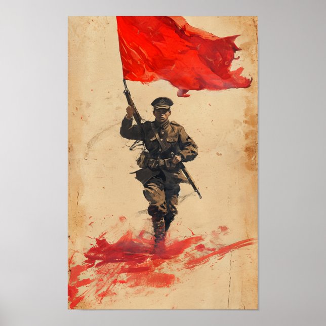 Kinesisk soldat Red Flagga Marching Poster (Framsidan)