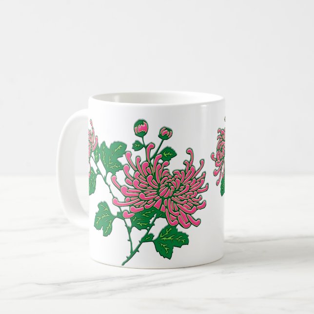 Kinesisk Spider Chrysanthemums i Coral Rosa Kaffemugg (Framsida vänster)