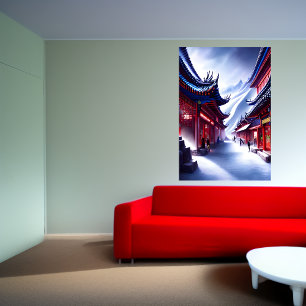 Kinesisk stad i snöberget AI Art Poster