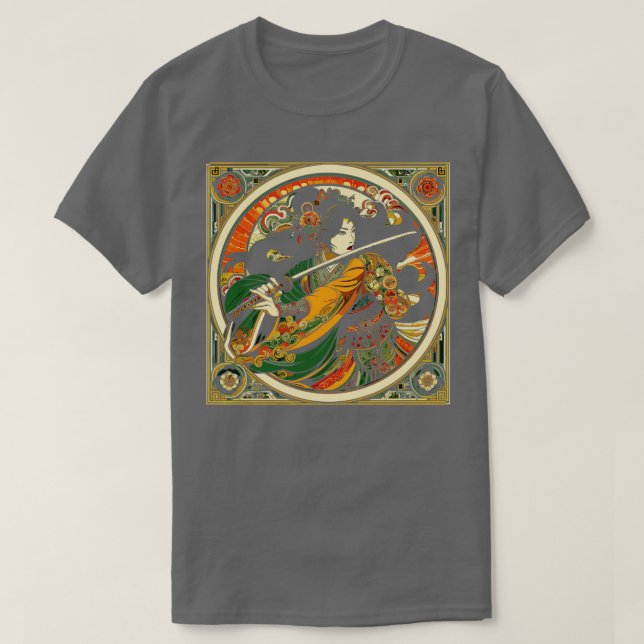 Kinesisk svärdkvinna i Mucha Art nouveau Stil T Shirt (Design framsida)