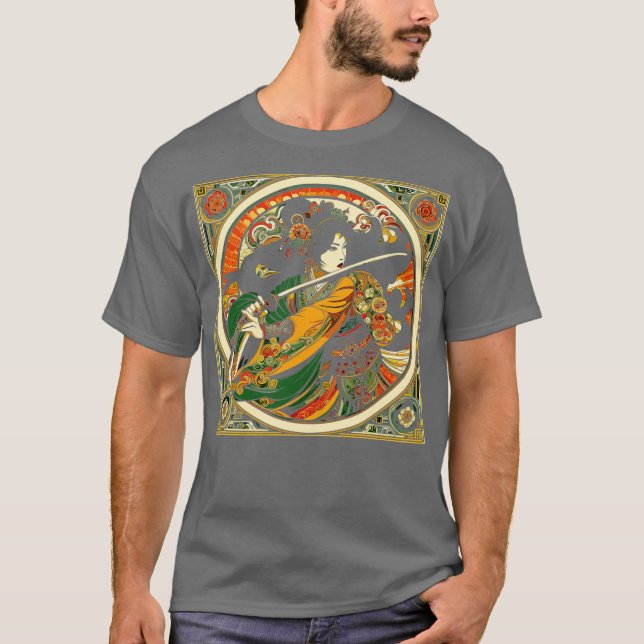 Kinesisk svärdkvinna i Mucha Art nouveau Stil T Shirt (Framsida)