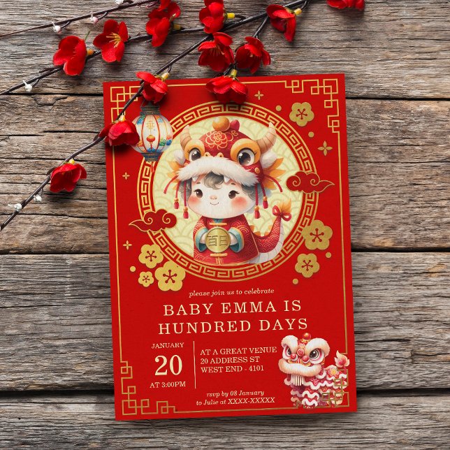 Kinesisk traditionell Baby 100 dagar 百 日 inbjudan (radition meets joy! Our vibrant Chinese Traditional Baby 100 Days Invitation sets the perfect tone.)