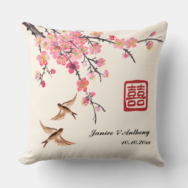 Kinesisk tuschmålning blomfågelbröllop  kudde (Framsida)