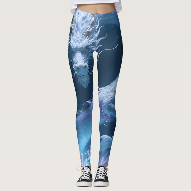 Kinesisk Vatten Drake Konst Fantasy Design Med Kor Leggings (Framsida)
