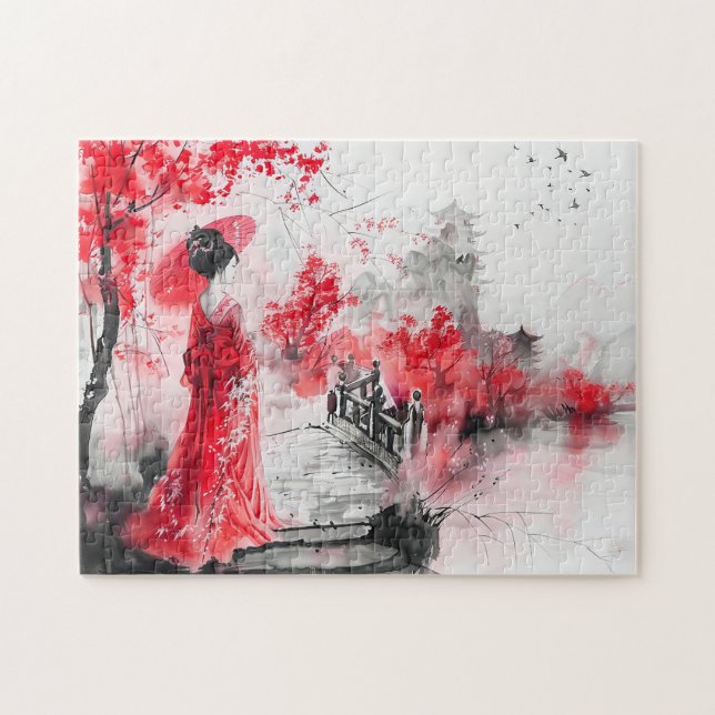 Kinesisk vattenfärg Geisha på en Bridge Pussel (Horisontell)