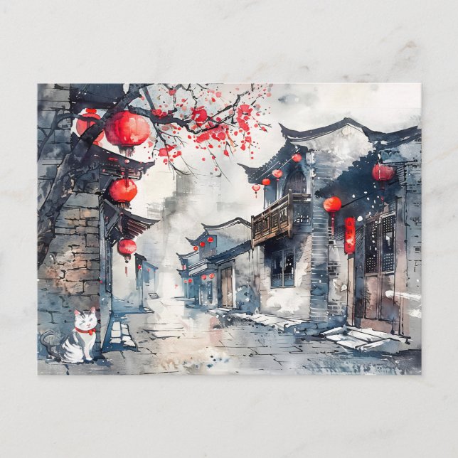 Kinesisk vattenfärg Lantern-Lit Old Town Vykort (Framsida)