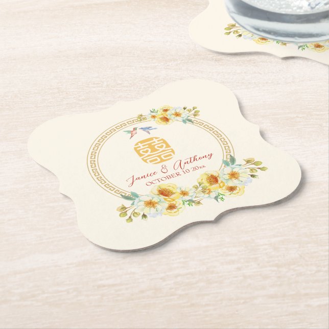 Kinesisk vigselramsa gul blomfågel elegant underlägg papper (Vinklad)