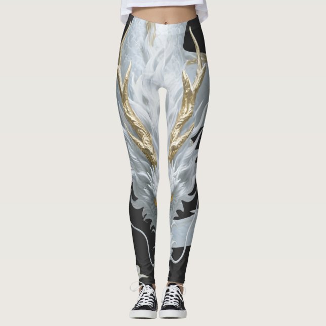 Kinesisk vit guld drak konst fantasi design med leggings (Framsida)