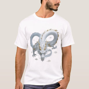Kinesisk vit guld drak konst fantasidesign med t shirt