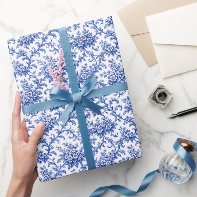 Kinesisk wrappingpapper, blå blommig presentförpac presentpapper (Gifting)