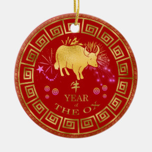Kinesisk zodiac Ox Red/Guld ID542 Julgransprydnad Keramik