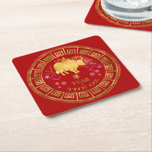 Kinesisk zodiac Ox Red/Guld ID542 Underlägg Papper Kvadrat