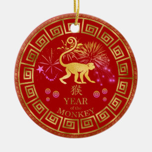 Kinesisk zodiakapa Red/Guld ID542 Julgransprydnad Keramik