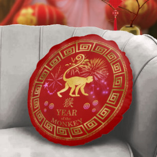 Kinesisk zodiakapa Red/Guld ID542 Rund Kudde