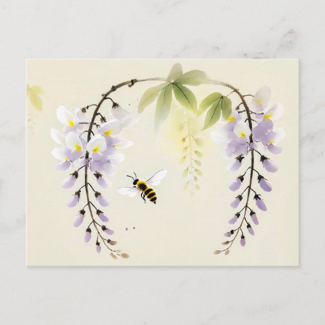 Kinesiska Bläck Bee på Wisteria Vykort (Framsida)