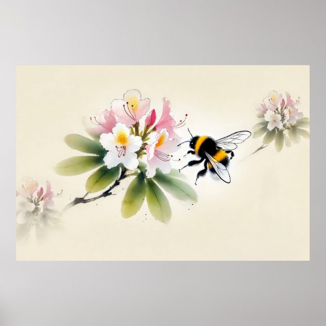 Kinesiska Bläck Bumblebee på Rhododendron Poster (Framsidan)