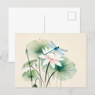 Kinesiska Bläck Dragonfly på Lotus Vykort