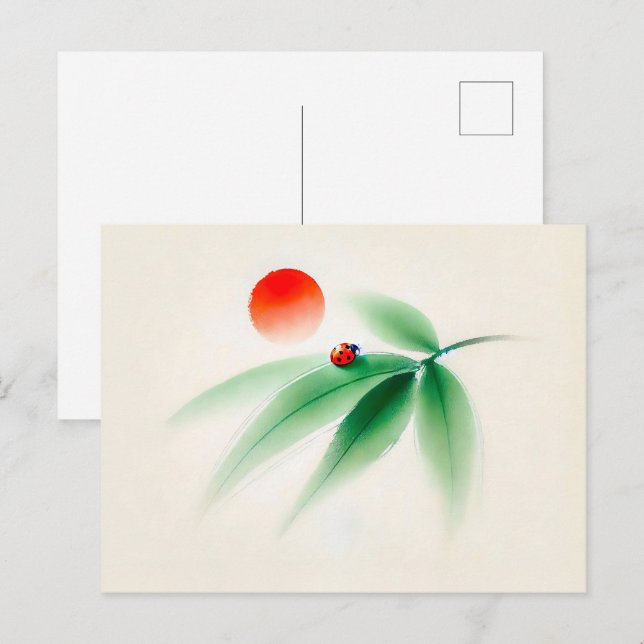Kinesiska Bläck Ladybug på Bamboo Vykort (Fram/baksida)