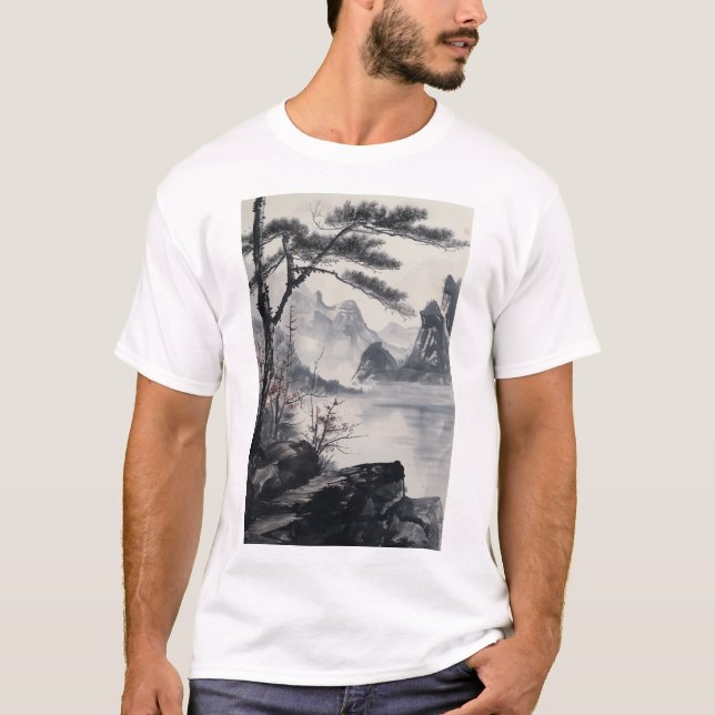 Kinesiska Bläck Landcape Painting National Stil T- T Shirt (Framsida)
