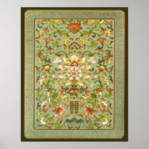 Kinesiska Blommigt Peony-Scrollsar på Jade Poster