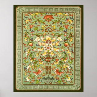 Kinesiska Blommigt Peony-Scrollsar på Jade Poster