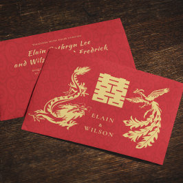 Kinesiska Bröllop Dragon-Phoenix Dubbla Xi Red Gul Inbjudningar