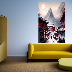 Kinesiska byn, snöberget AI Art Poster