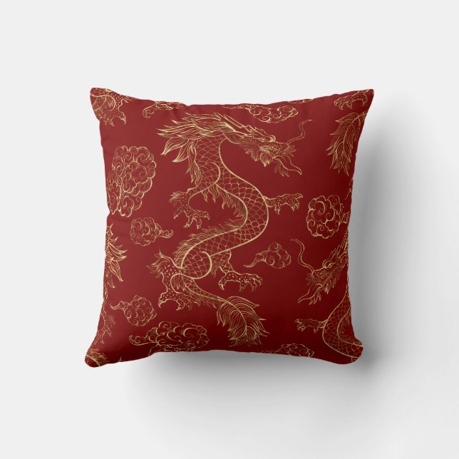 Kinesiska Dragon Guld och Mörk Red Kudde (Baksida)