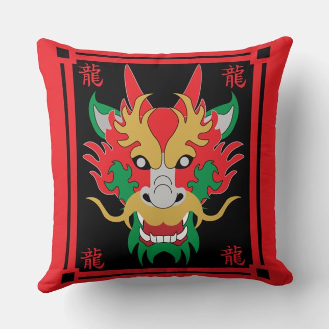 Kinesiska Dragon Masks Asian Art Cushion Kudde (Baksida)