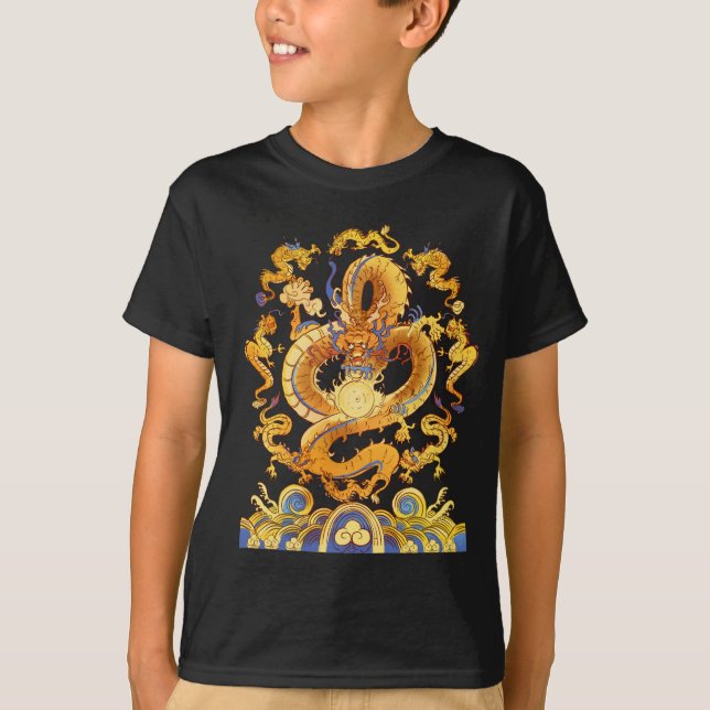 Kinesiska gyllene drakar som leker med Dragon Boll T Shirt (Framsida)