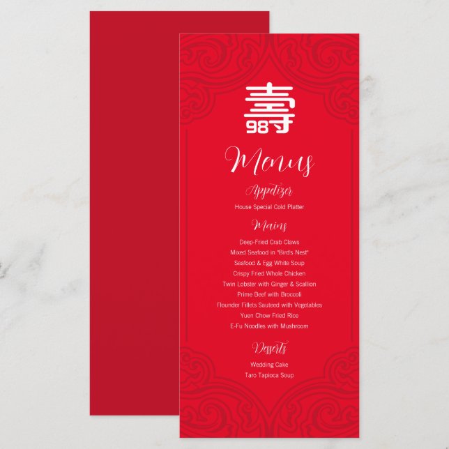 kinesiska "Longevity" Birthday Menu (RED) Meny (Fram/baksida)