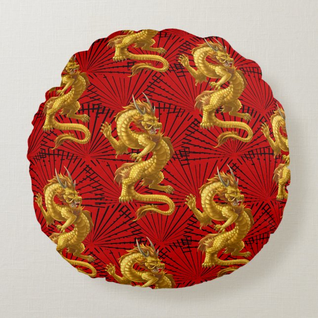 Kinesiska Lucky Guld Dragon Pouf Dekorativ kudde (Framsidan)