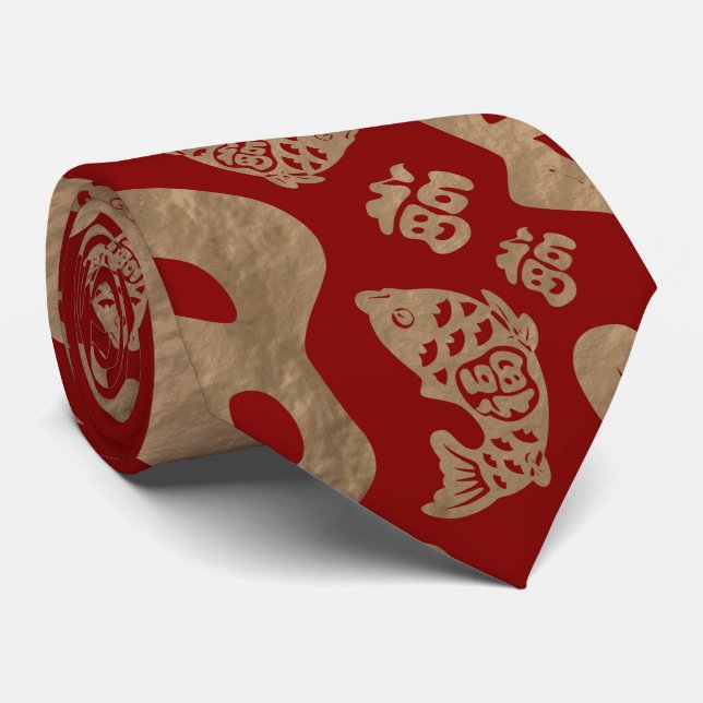 Kinesiska Lucky Symbols och Koi Fish - Red och Gul Slips (Rullad)