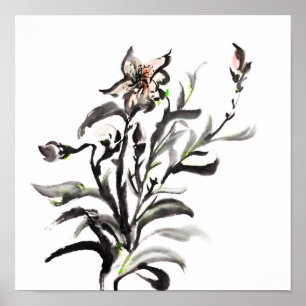 Kinesiska målarblommor av traditionell bläck poster