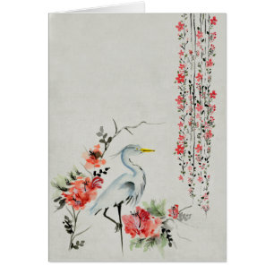 Kinesiska målningsstork och Rosa Flowers Hälsningskort