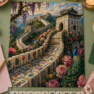 Kinesiska muren Mahjong Kakelutsikt Blommig Påfåge Pussel